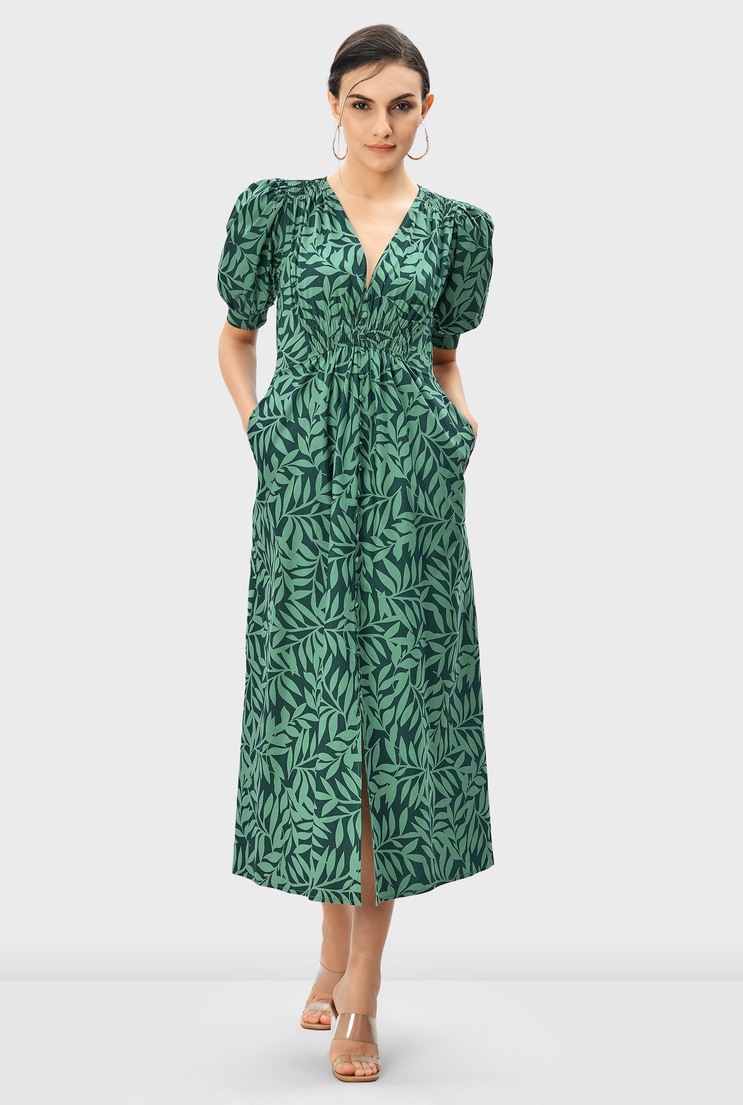 Shop Leaf print cotton poplin elastic waist dress | eShakti