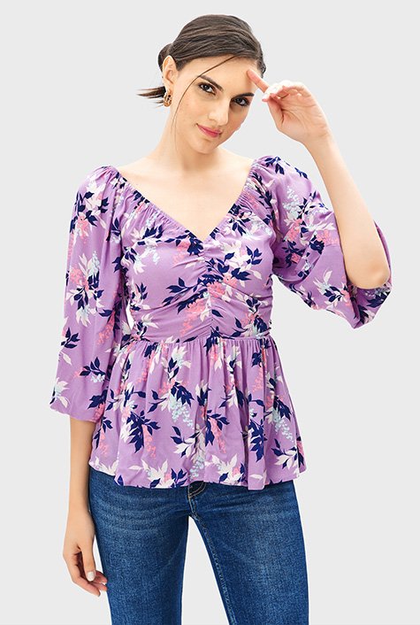 Ditsy Floral Shirred Wrap Blouse  Blouse tops designs, Ladies tops  fashion, Fashion tops blouse