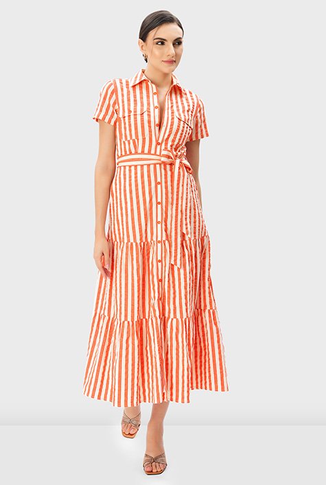 Shop Seersucker Stripe Cotton Ruched Tier Shirt Dress Eshakti