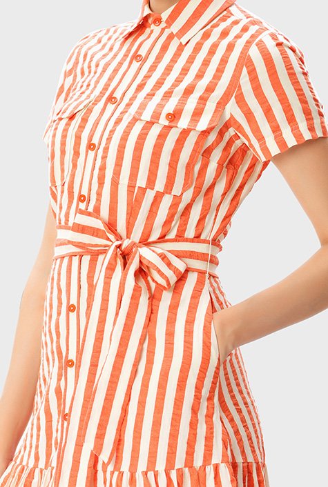 Shop Seersucker Stripe Cotton Ruched Tier Shirt Dress Eshakti