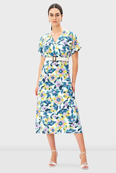 Shop Floral graphic print cotton blend surplice belted dress