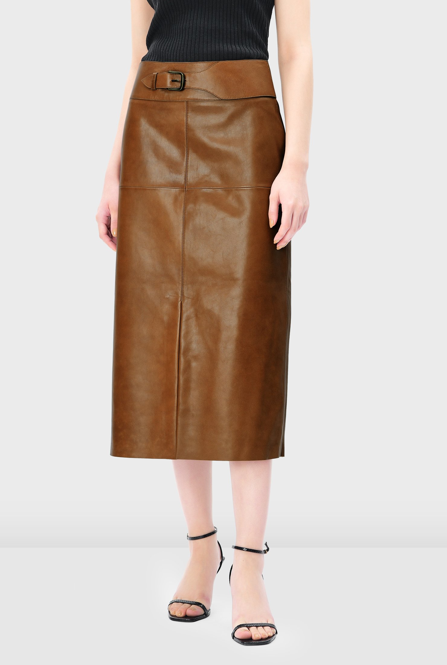 Tan Faux Leather Panelled A-Line Midi Skirt