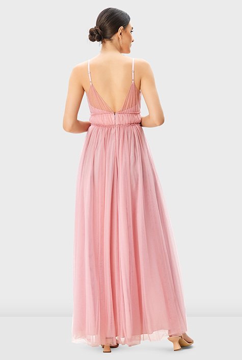 Shop Ruched Empire Sheer Mesh Maxi Dress Eshakti 1816