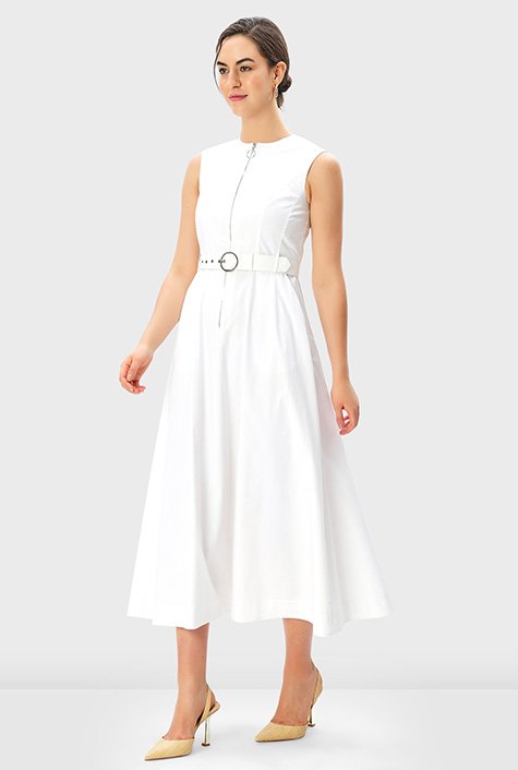 Shop Zip front cotton poplin belted dress | eShakti