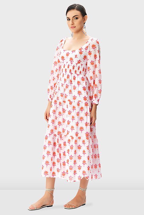 Shop Smocked empire floral block print cotton tier dress | eShakti