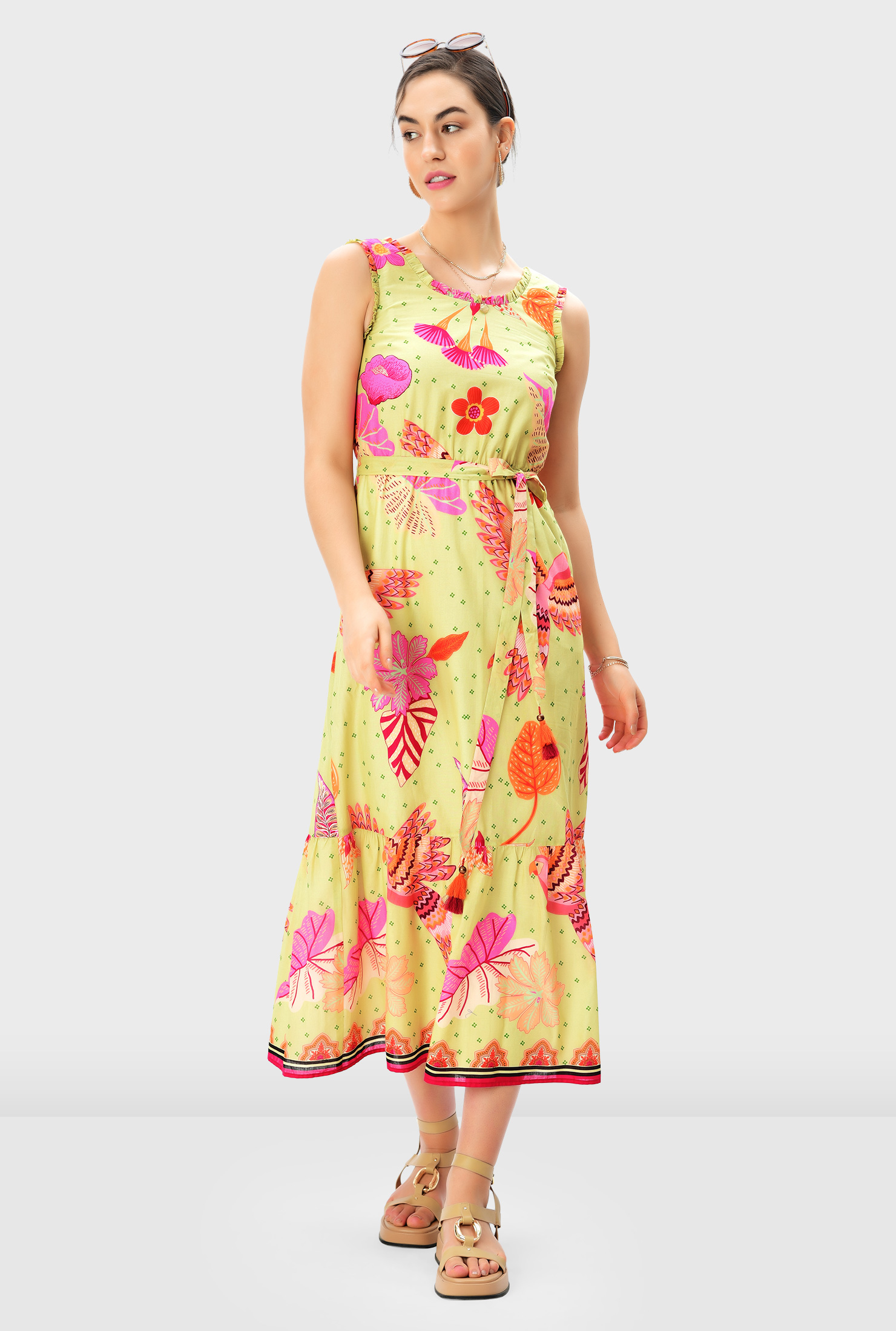 Shop Floral bird print cotton voile ruffle flounce dress eShakti