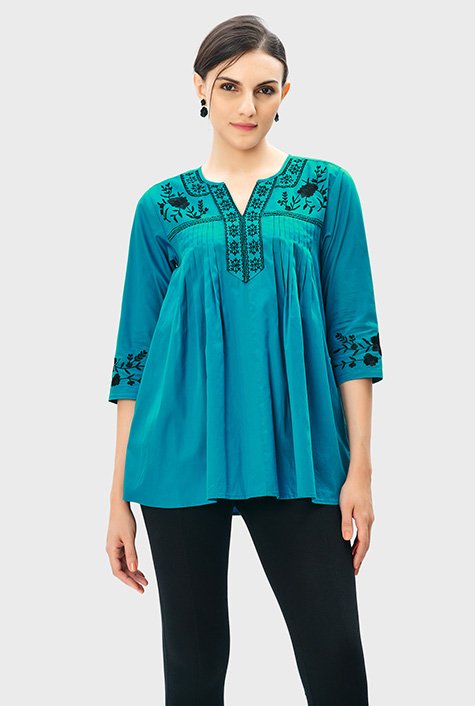 Floral embroidery pintuck pleat cotton sateen tunic