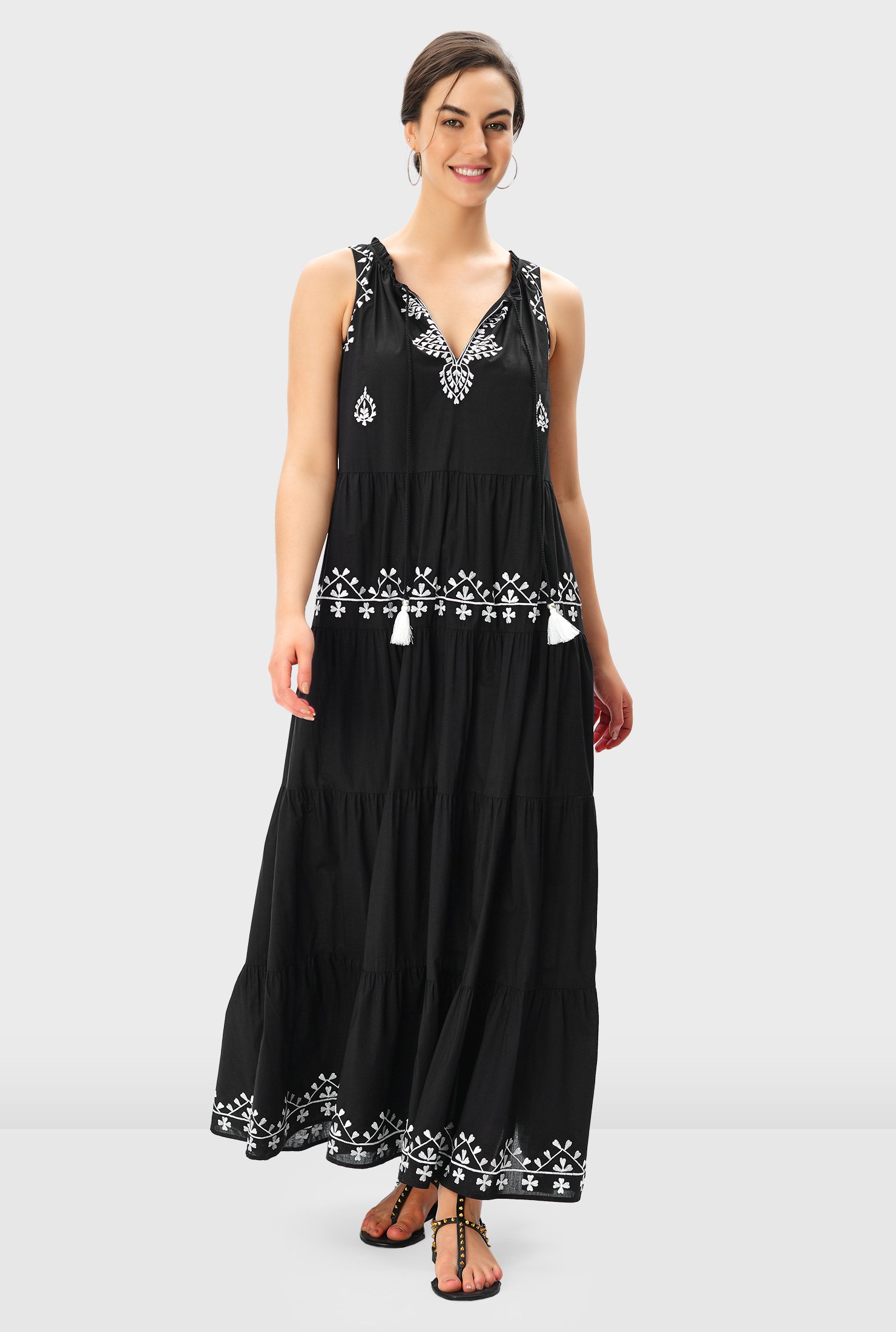 Elegant black cotton multicolor embroidered dress with attached belt –  Sujatra