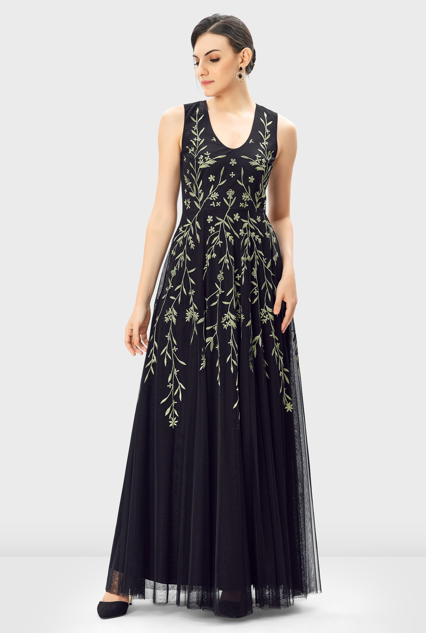 Plunge floral embroidery sheer tulle dress