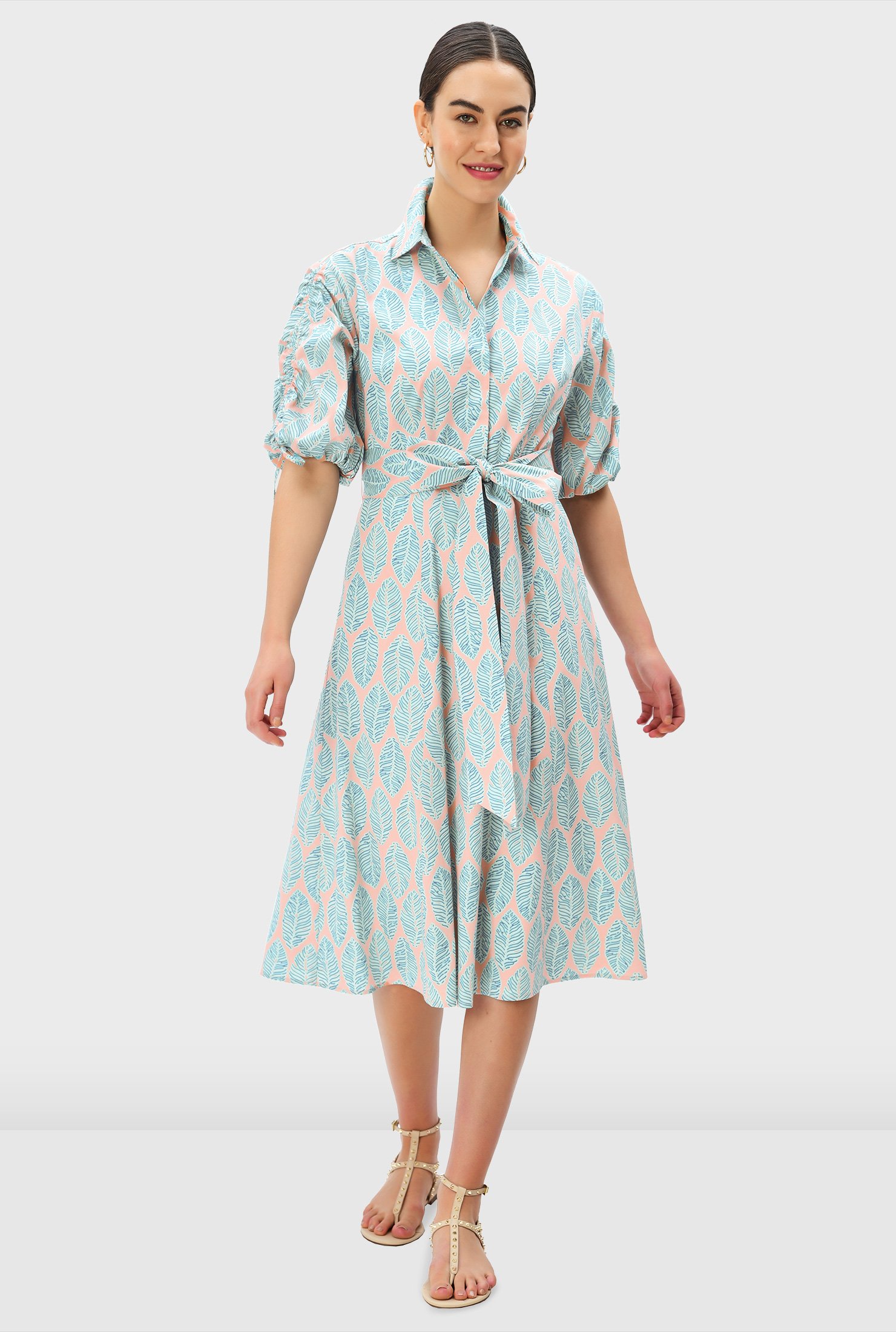 Shop Leaf print cotton poplin sash-tie shirt dress | eShakti