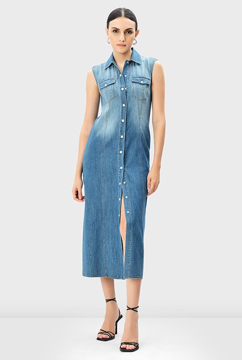 Sleeveless Button Down Belted A-Line Jean Denim Shirt Dress | Allegra K