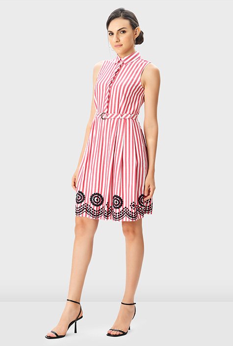 Floral embroidery cotton twill stripe belted shirtdress