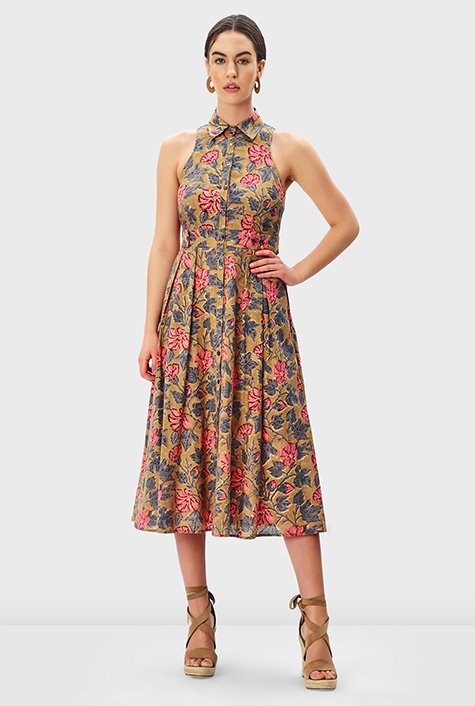 Shop Button tab waist floral hand block print cotton shirt dress