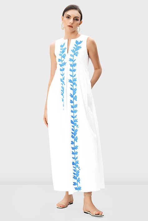 Shop Leafy embroidery cotton poplin release pleat dress | eShakti