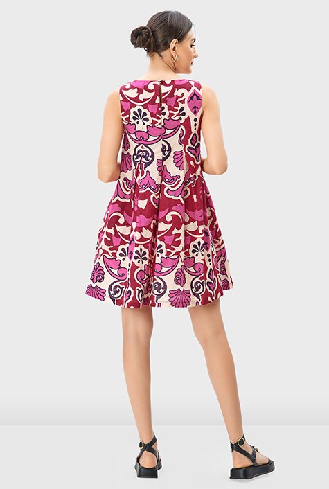 Shop Release pleat floral graphic print cotton linen shift dress | eShakti