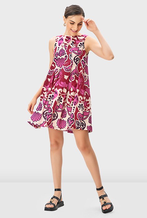 print linen Shop eShakti graphic floral shift cotton dress pleat | Release