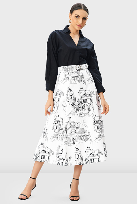 Shop Cityscape print cotton linen skirt | eShakti