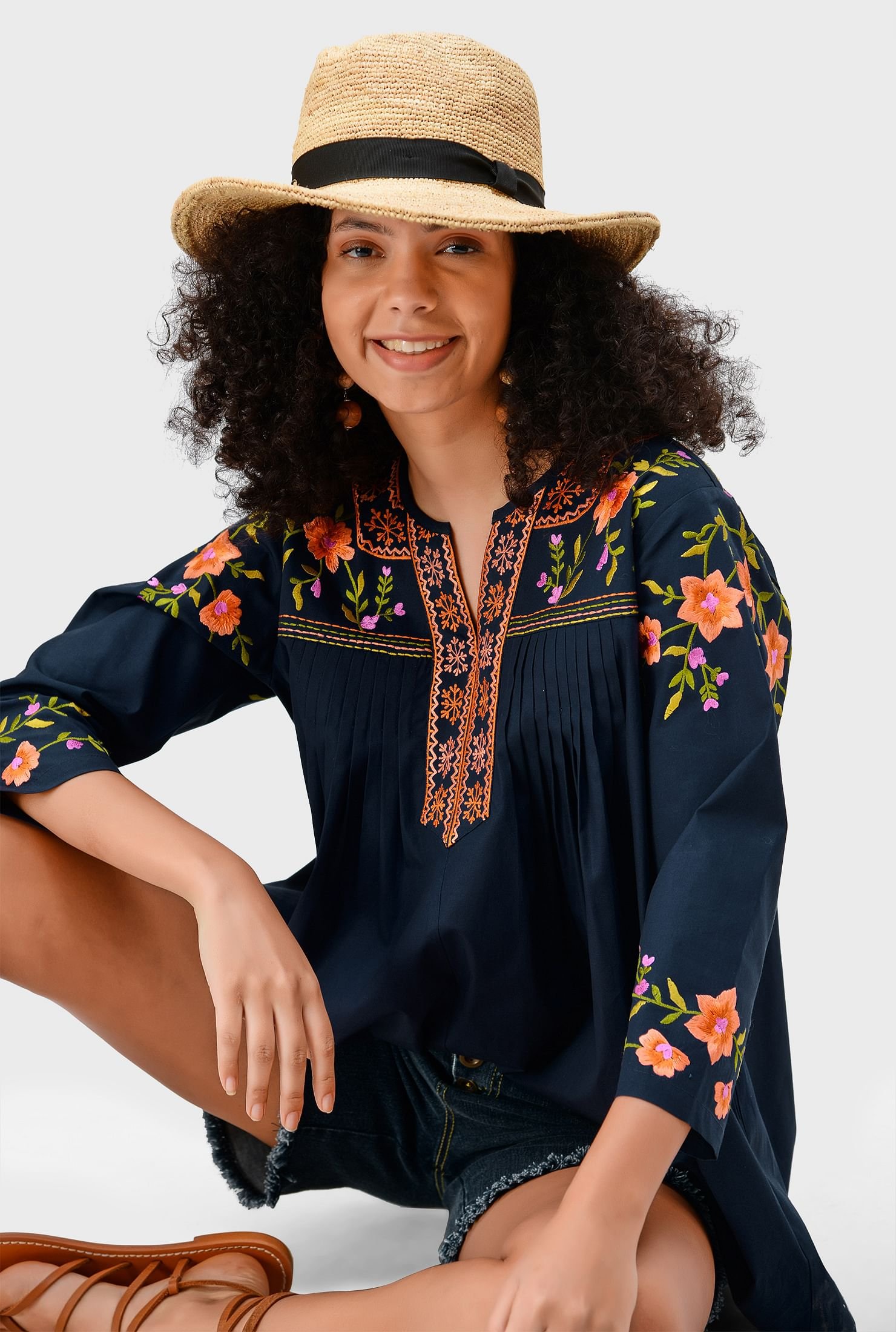 Floral embroidery pintuck pleat cotton poplin tunic