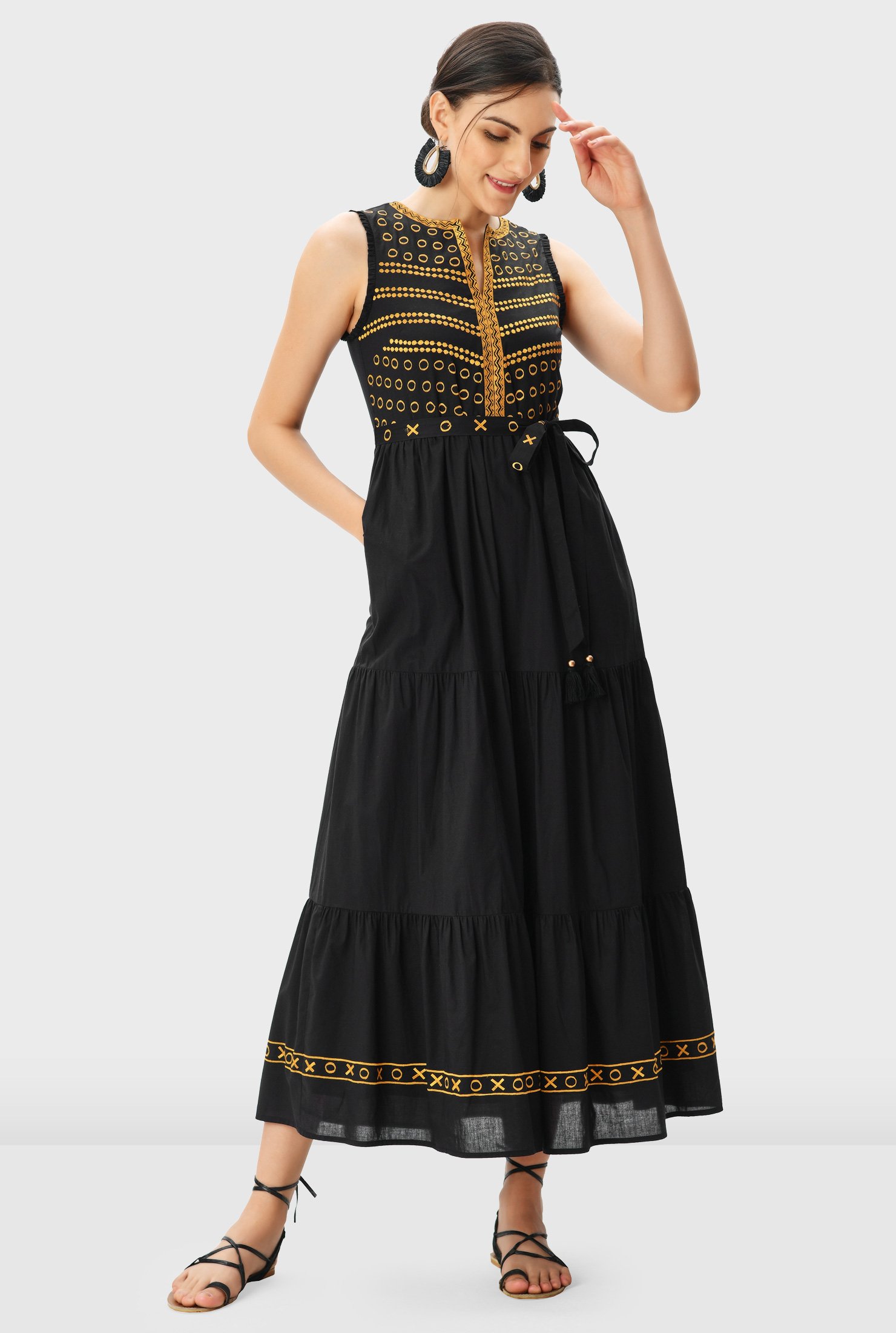 Graphic embroidery Giza cotton voile tiered dress