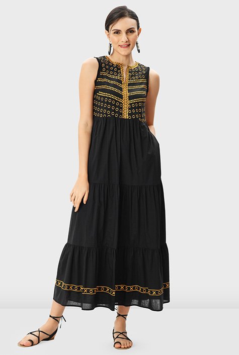 Graphic embroidery Giza cotton voile tiered dress