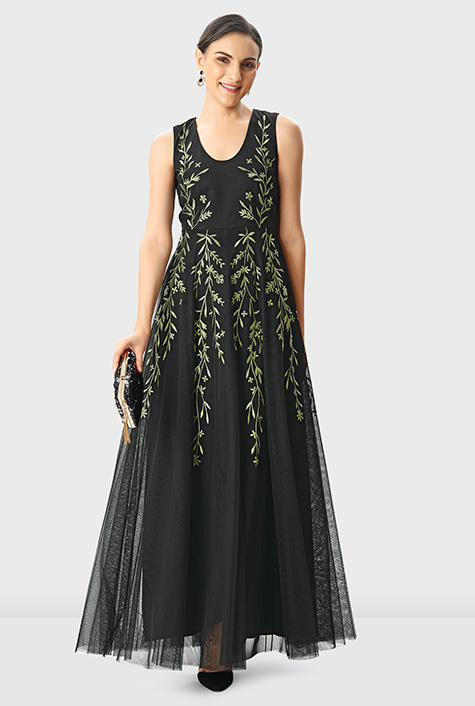 Shop Floral embroidery tulle maxi dress | eShakti