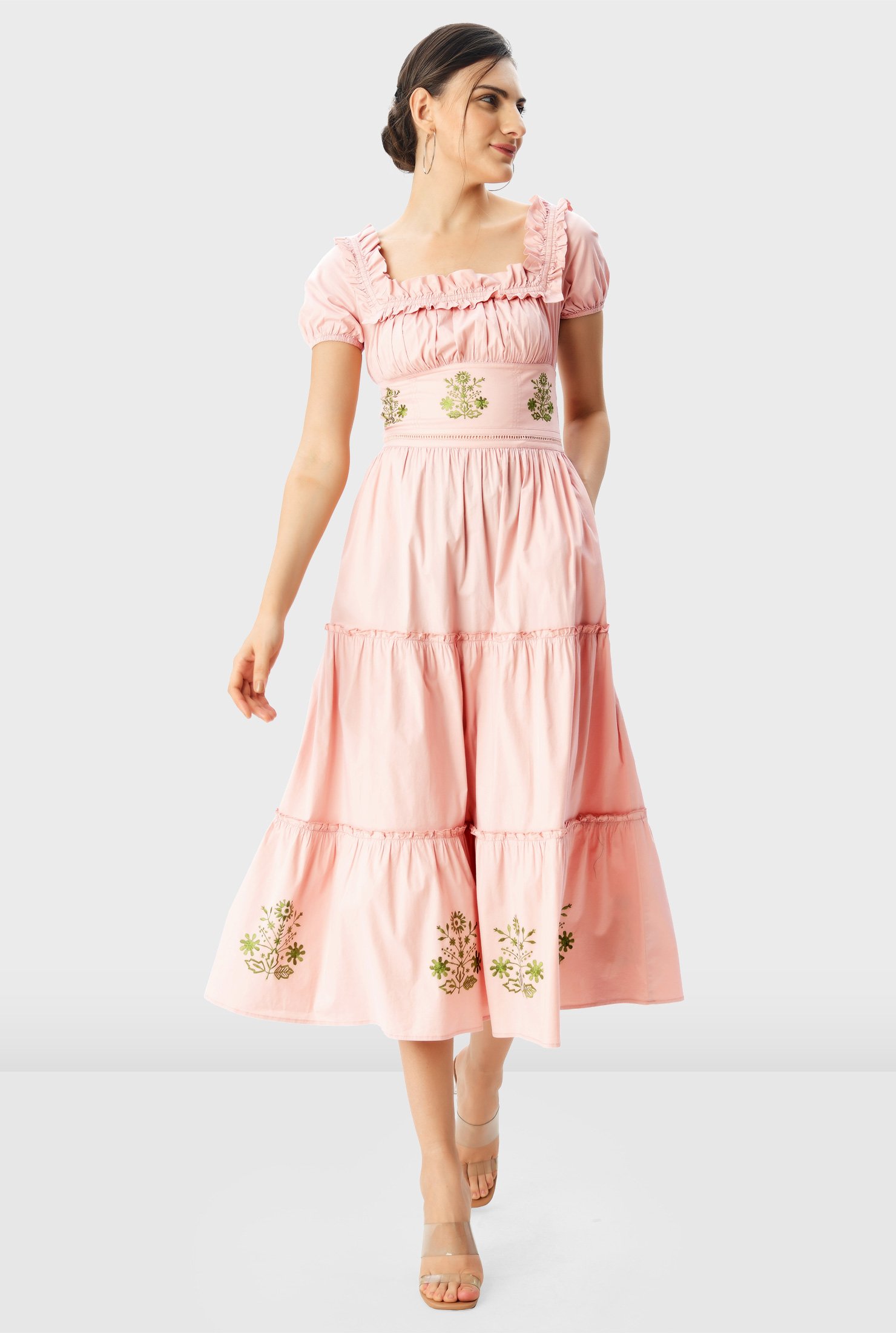 Shop Floral embroidery cotton poplin ruched tier dress