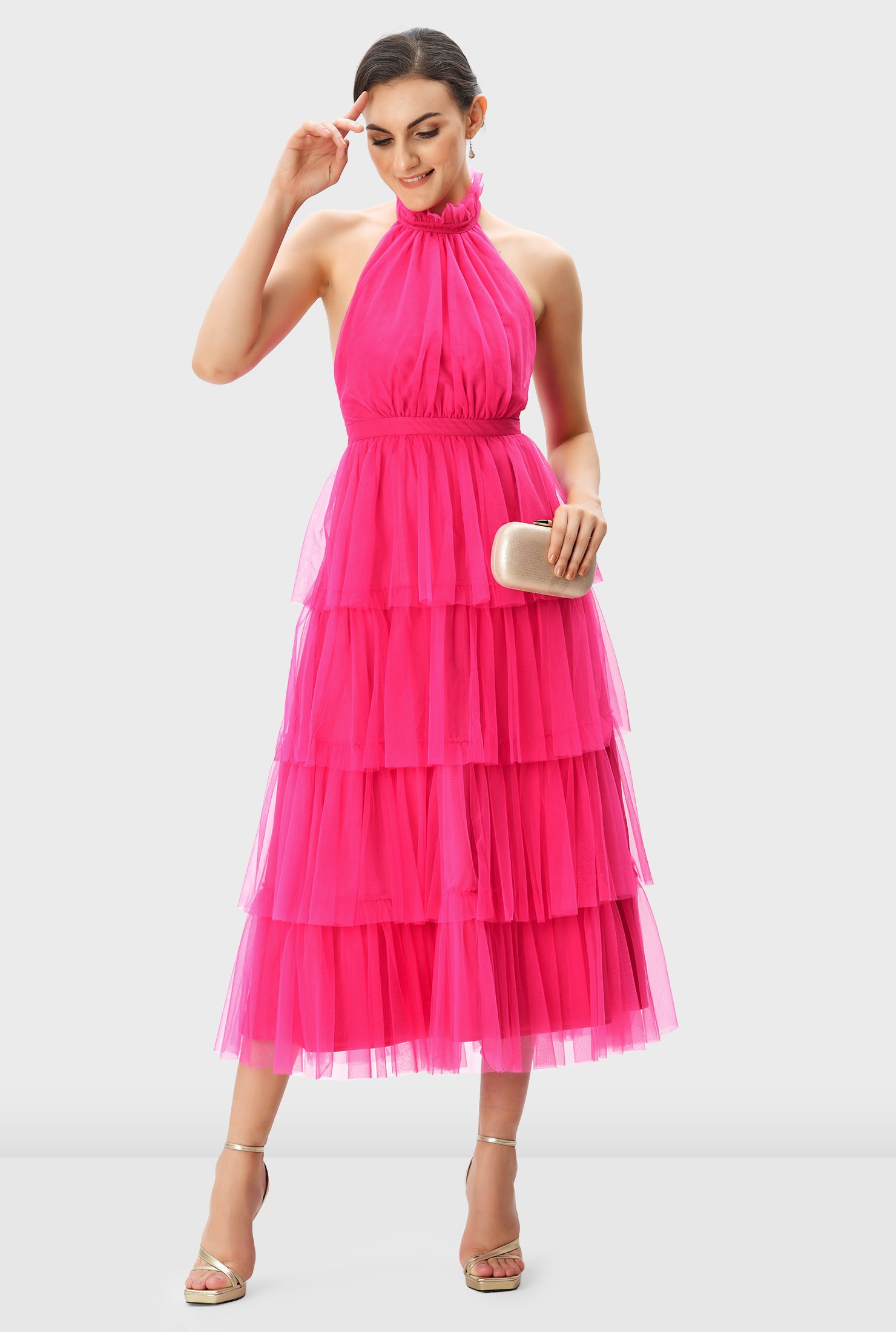 Shop Halter Neck Ruffle Tier Sheer Mesh Dress Eshakti 7185