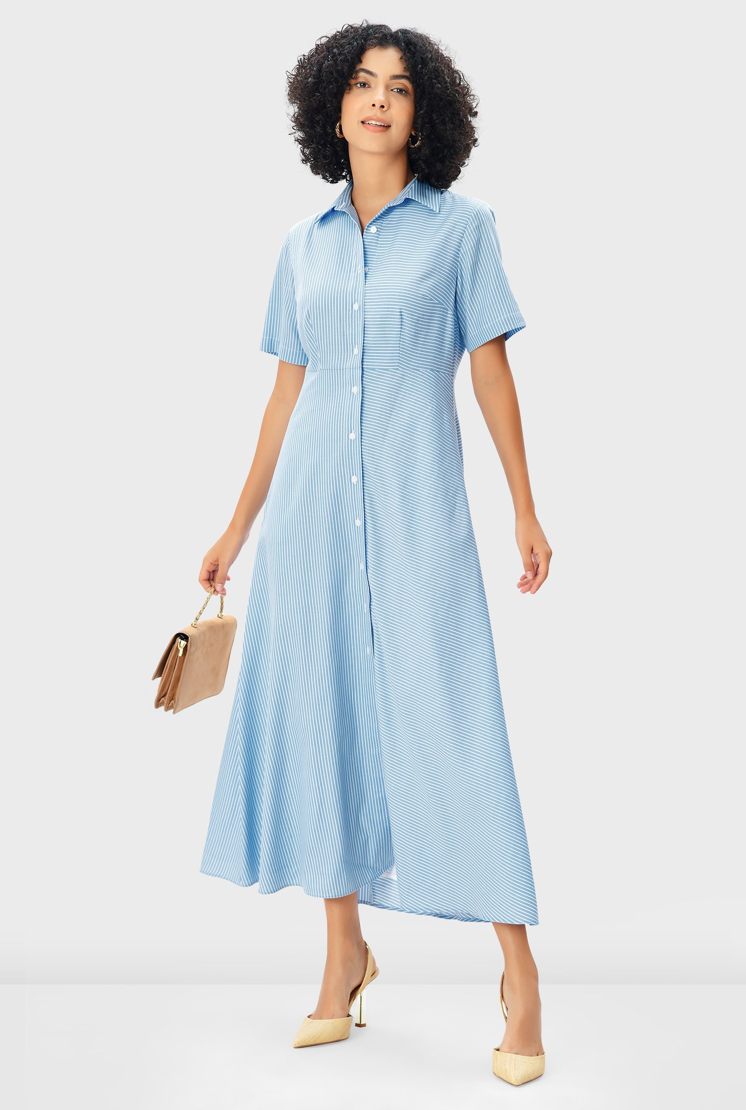 Stripe cotton twill A-line shirt dress