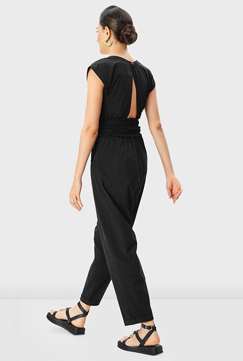 ELASTIC WAIST FULL LENGTH JUMPSUIT - Black