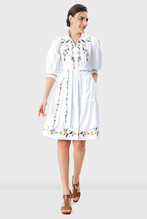 Embroidered poplin and lace dress