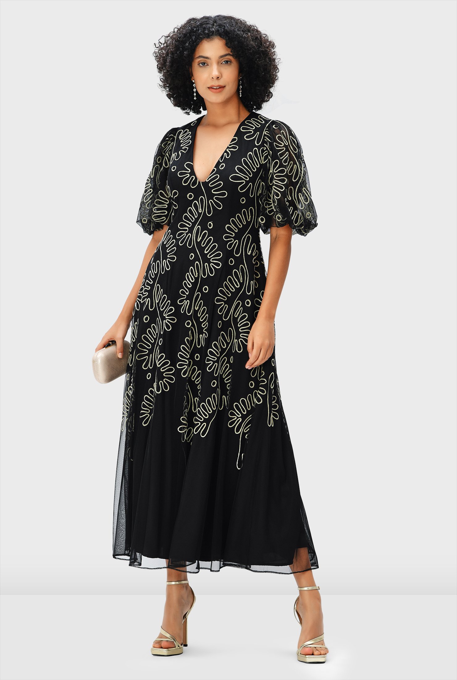 Shop Floral embroidery tulle A-line dress | eShakti