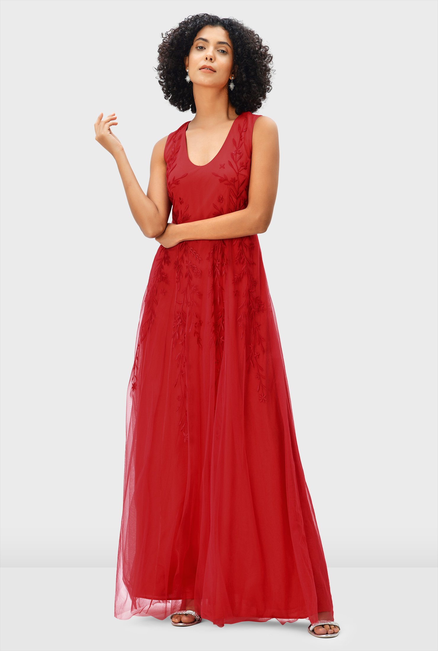 Mesh maxi dress on sale with floral embroidery