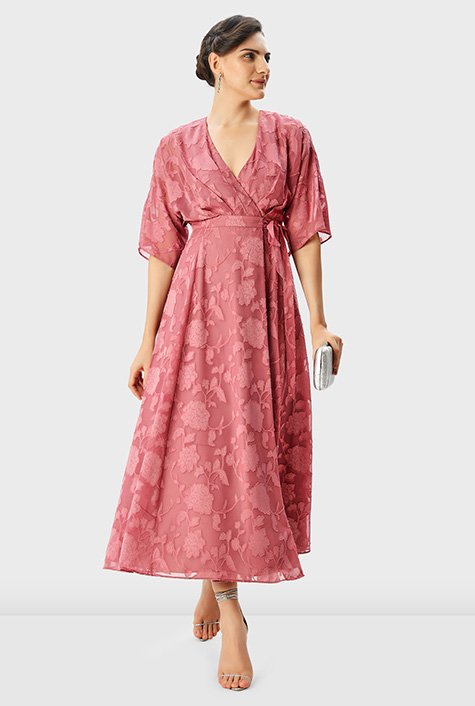 Shop Dolman sleeve floral chiffon jacquard wrap dress