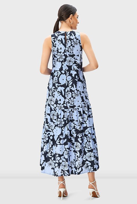 Floral print cotton poplin drop waist tiered dress