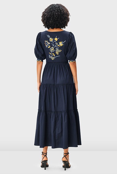 Floral vine embroidery cotton poplin ruched tier dress