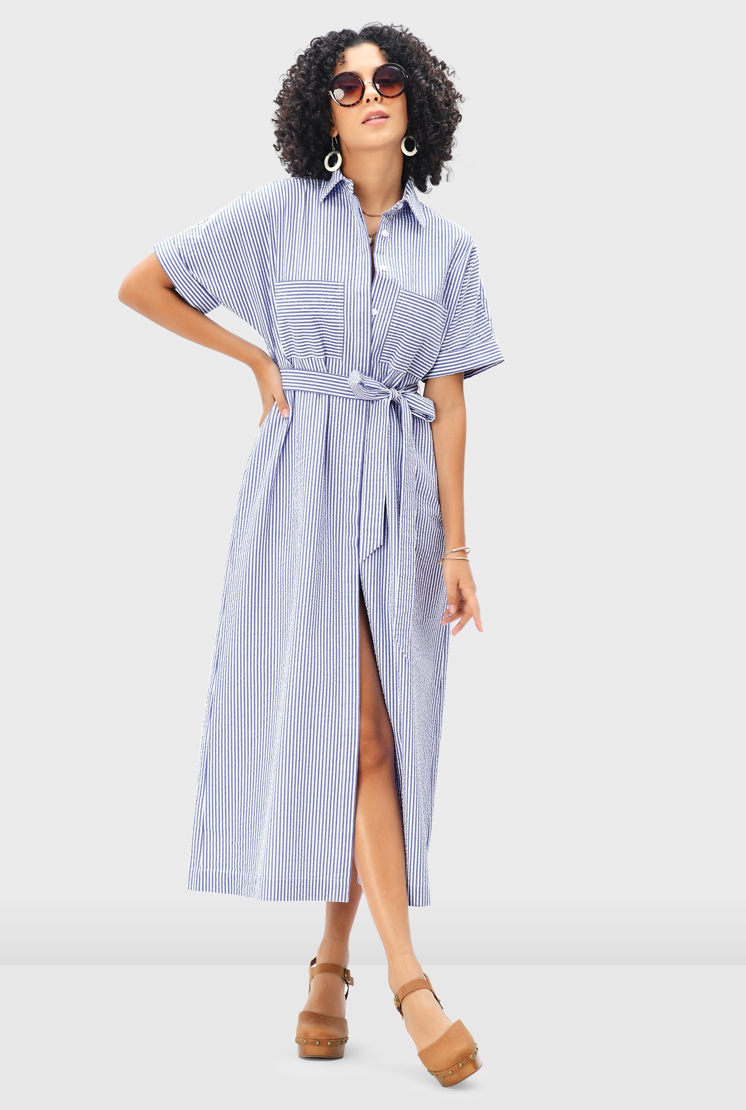 Shop Seersucker Stripe Cotton A Line Shirtdress Eshakti