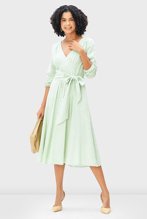 Leonardoda Størrelse silke Shop Pleated empire pinstripe linen blend dress | eShakti