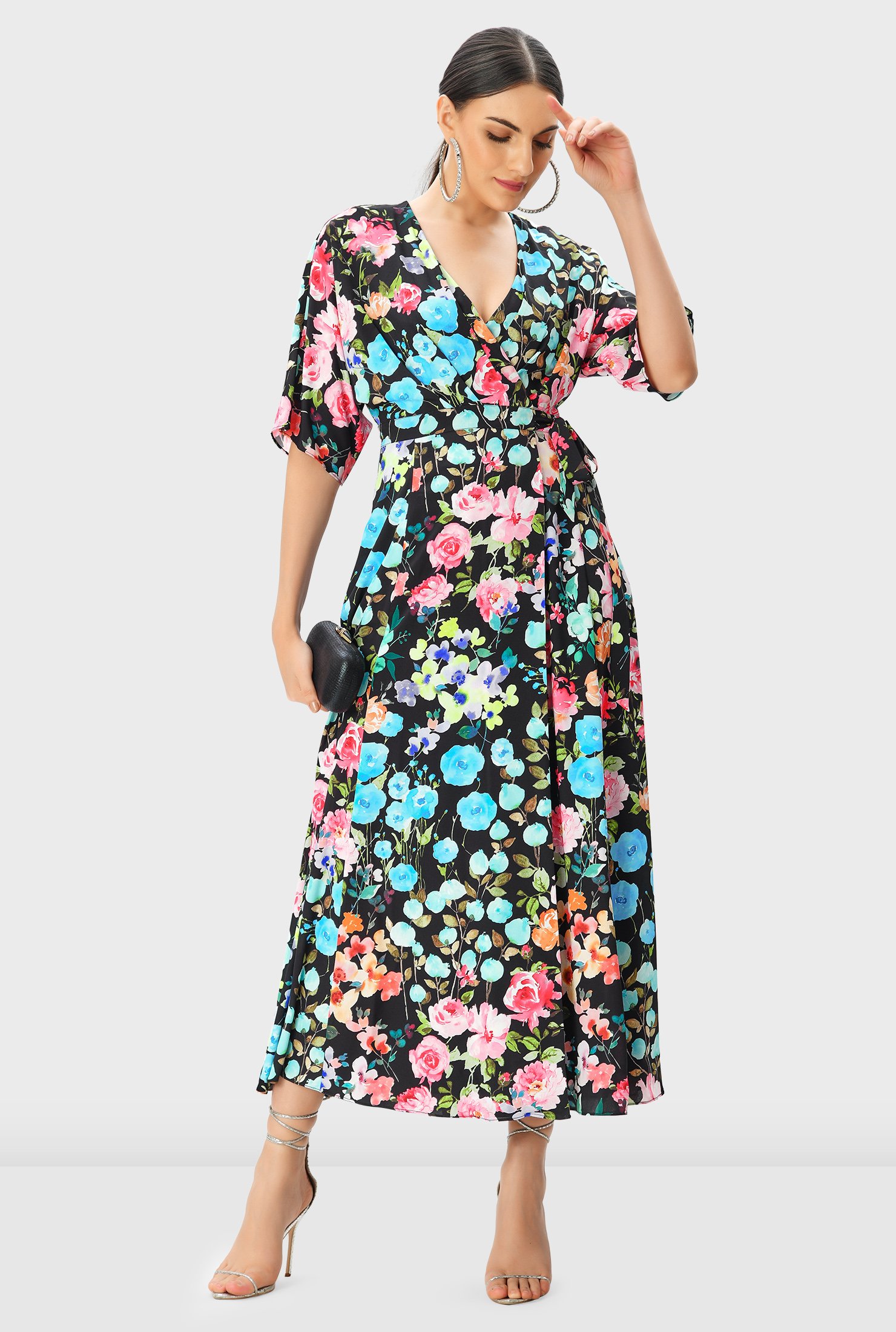 Shop Dolman Sleeve Floral Print Crepe Wrap Dress Eshakti