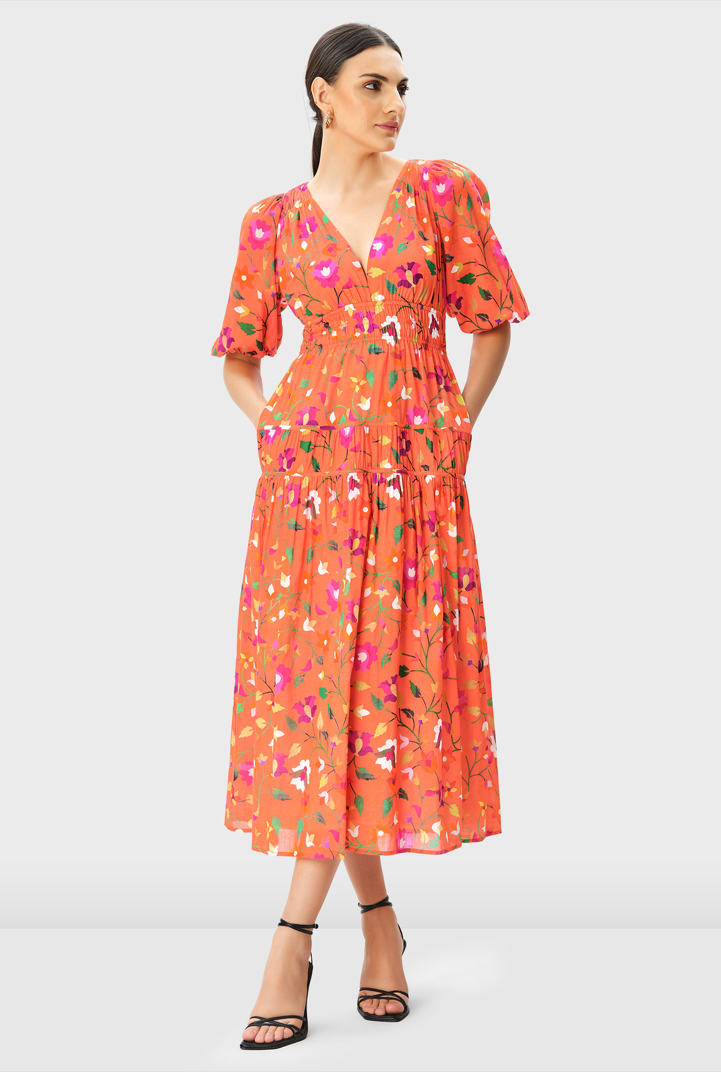 Shop Plunge floral print cotton voile smocked tier dress eShakti