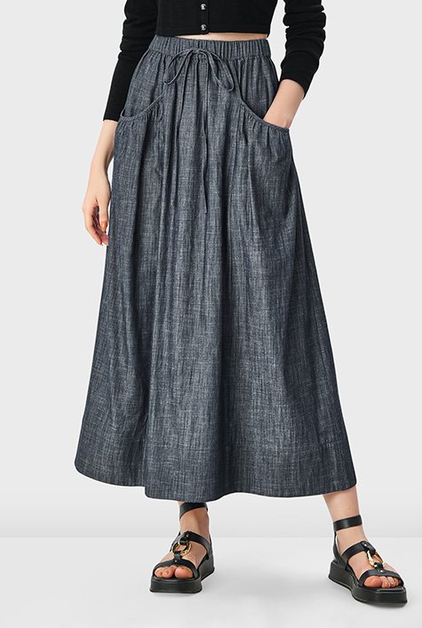 High Waisted Solid Woven Skirt - Black / L