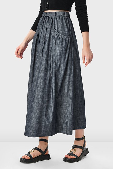 Shop Ruched pocket cotton chambray elastic waist skirt
