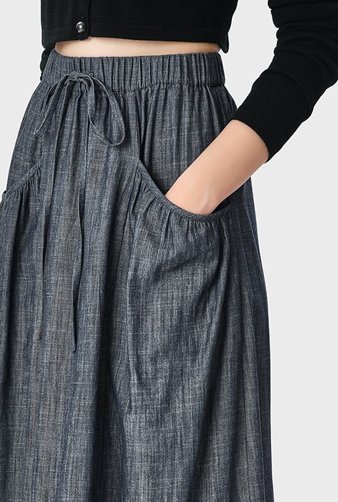 Shop Ruched pocket cotton chambray elastic waist skirt