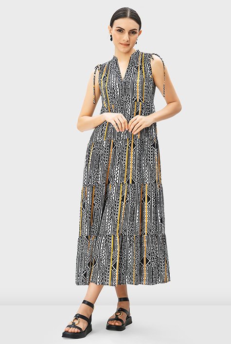 Shop Graphic stripe print rayon empire tiered dress | eShakti