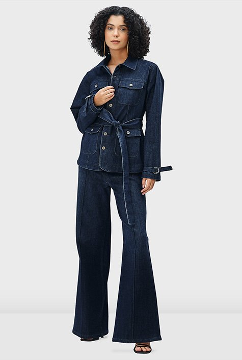 Allegra K Women's Button Down Belted Pleated Flare A-line Denim Shirt Dress  Blue X-large : Target