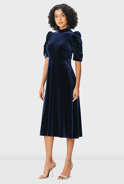 Shop Ruched sleeve stretch velvet A-line dress | eShakti