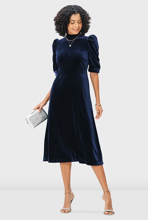 Shop Ruched sleeve stretch velvet A-line dress | eShakti
