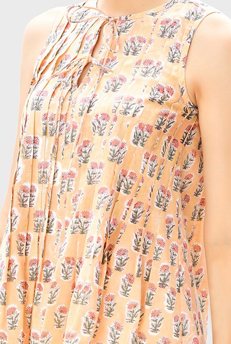 Shop Pintuck pleat floral hand block print cotton top