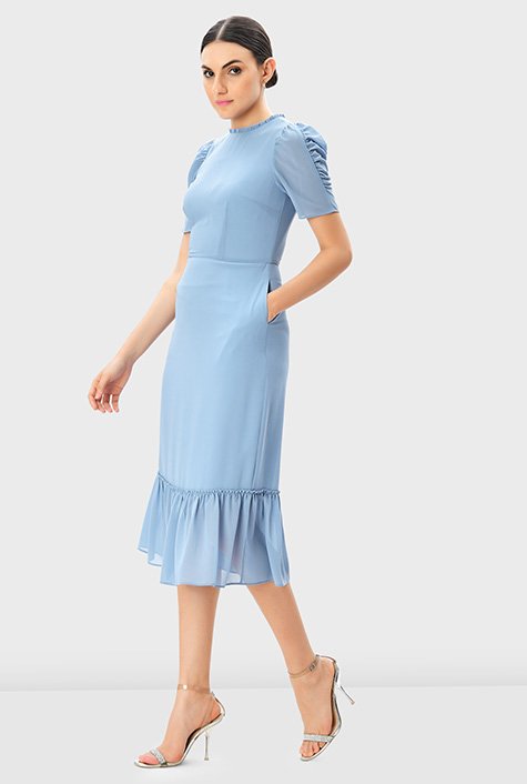 Flounced chiffon dress - Blue - Ladies