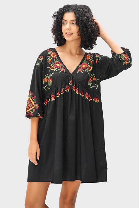 Shop Floral embroidery Giza cotton voile empire dress | eShakti