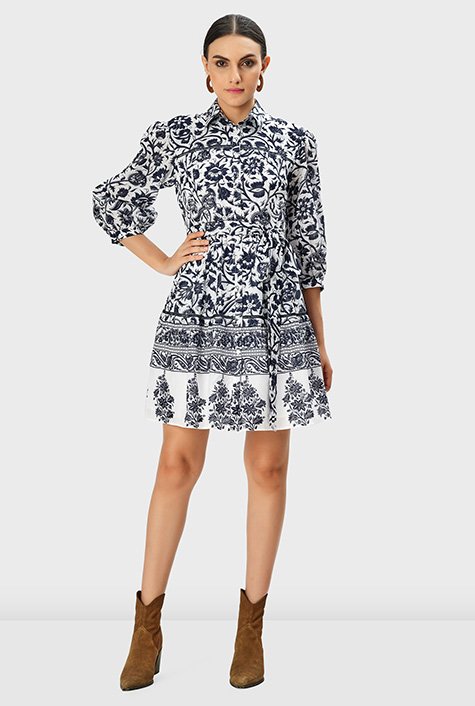 Shop Floral block print cotton voile lattice trim shirt dress